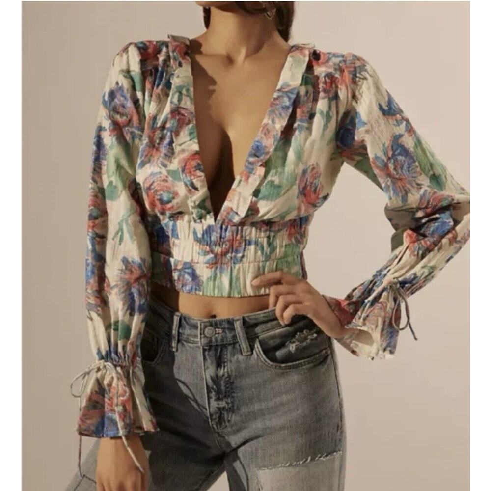Anthropologie Floral Plunging V Long Sleeve Crop Top Size L Large Tie Back